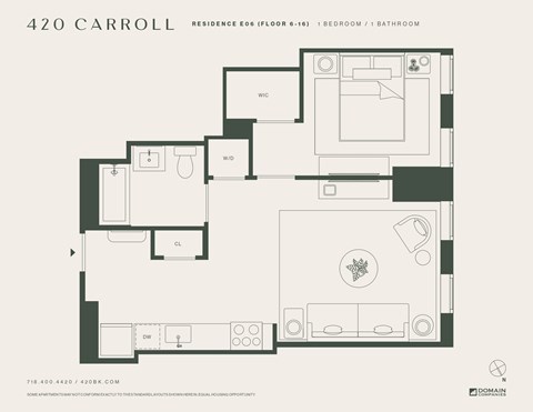 Floor plan for 1 bed, 1 bath, 618 sqft